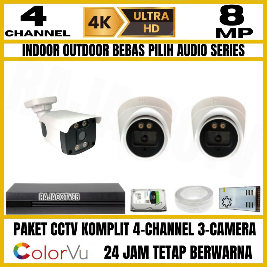 PAKET CCTV 8MP COLORVU COLORFUL 4 CHANNEL 3 KAMERA ULTRA HD 4K CAMERA AUDIO SERIES