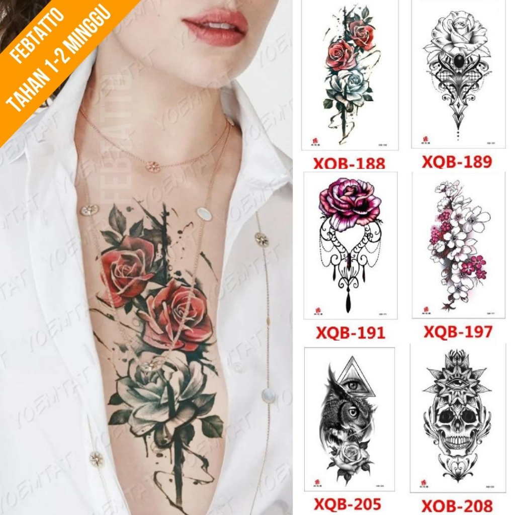 Tato Temporer Ukuran 21cmx11cm Tato Lengan Tato Dada Tato tangan Tato Kaki Tato Punggung Tato Jari  Motif Aesthetic Tatto Temporary Stiker Tato Halal Grosir Tato air motif bunga, burung hantu, tengkorak XQB 188