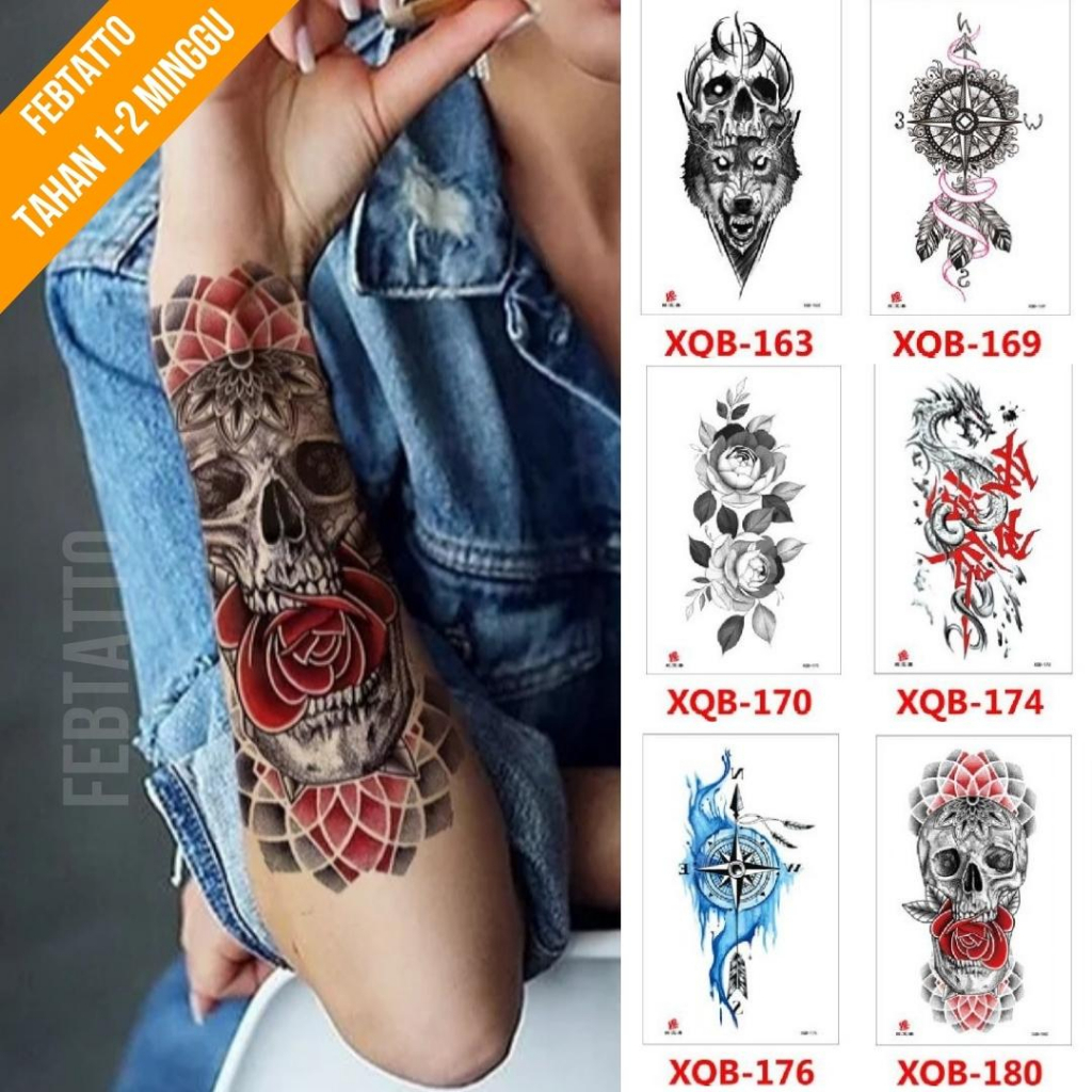 Tato Temporer Ukuran 21cmx11cm Tato Lengan Tato Dada Tato tangan Tato Kaki Tato Punggung Tato Jari  Motif Aesthetic Tatto Temporary Stiker Tato Halal Grosir Tato air motif serigala, kompas, bunga, naga, tengkorak XQB 180