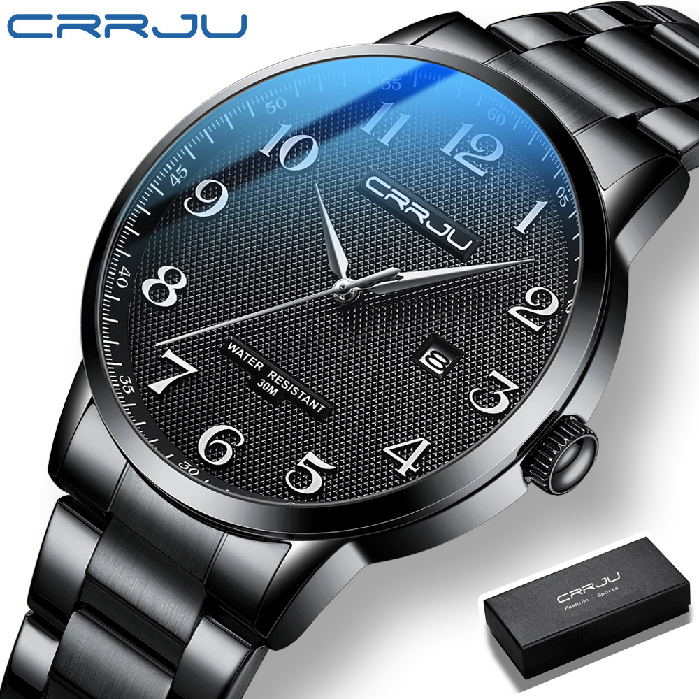 CRRJU Jam Tangan Pria Stainless Steel Top Quality Luxury Push Button Gesper Tersembunyi Tahan Air dengan Jam Tangan Cowok Olahraga Tanggal