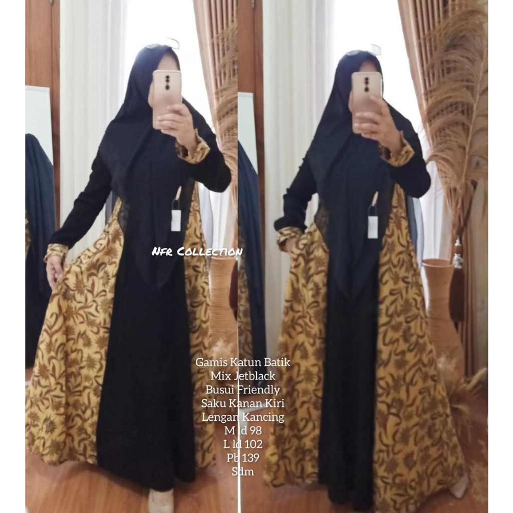 gamis lidya batik kombinasi polos jetblack busui M ld 98 L ld 102 XL ld 108 pb 139