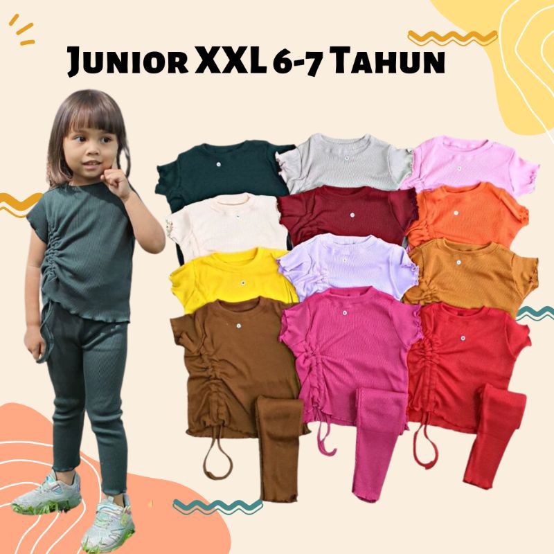 JUNIOR 6-7 TAHUN Set Kerut Ruffle Knit Tee XXL | Baju Setelan Anak Perempuan Kerut Bahan Rib Knit | Oneset Anak Perempuan