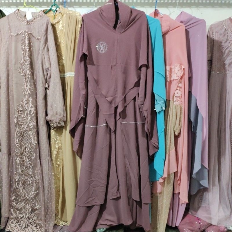 Gamis ceruty Nadifah dan Azeera babydoll set khimar ori aku karissa ready size xl xxl oversize lebaran series model keluaran terbaru