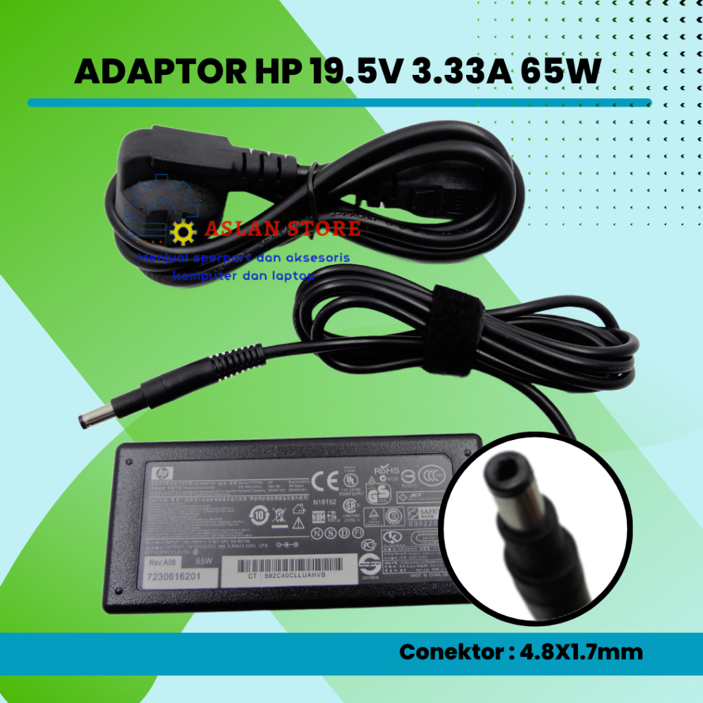 AC Adapter Charger Laptop HP 19.5V 3.33A 4.8x1.7mm Original Hp Pavilion Sleekbook 14 15 untuk Seri Envy 4 6