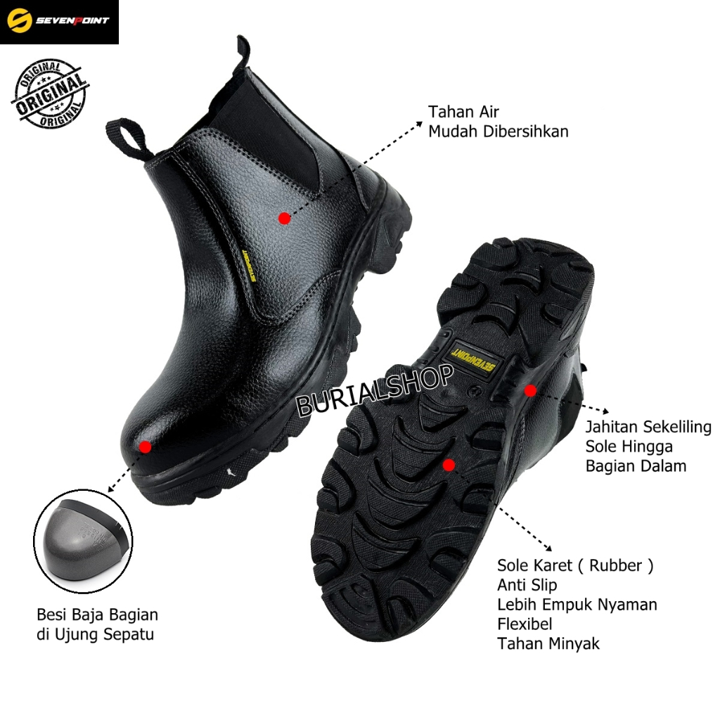 Sepatu Safety Boots Pria Wanita Original Ujung Besi Baja Sefty Shoes Septy Septi Cowok Spatu Lapangan Proyek Industry Tanpa Tali BS 08