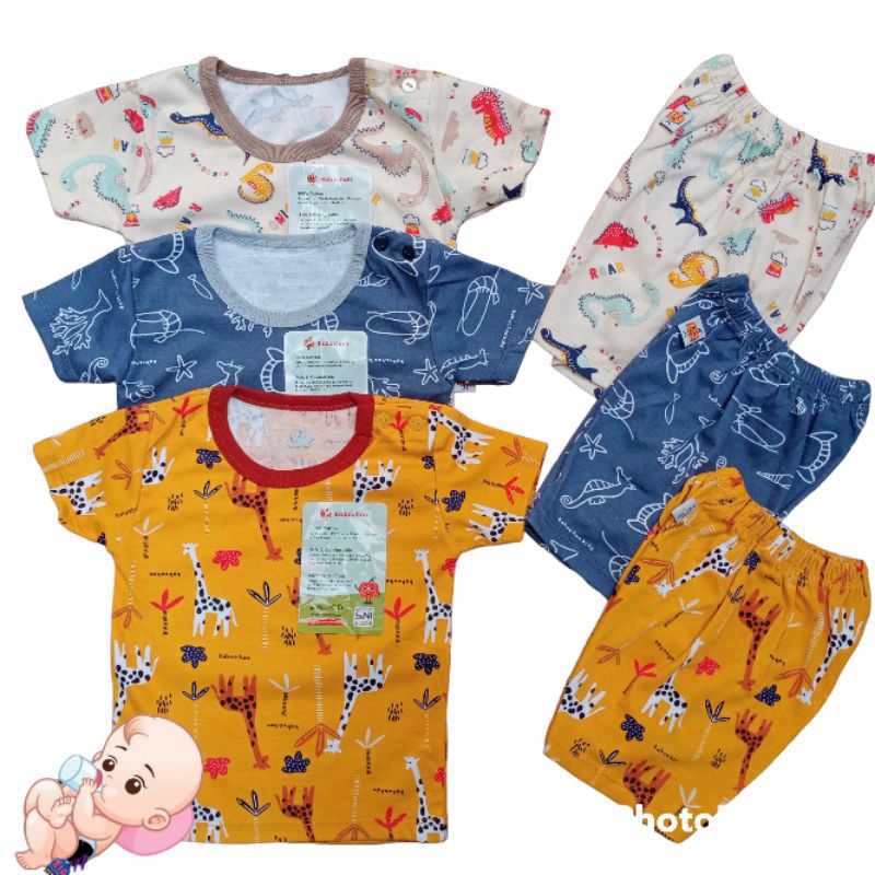 KABOCHAN 3Pasang Setelan Baju Bayi Lengan Pendek Full Printing Ukuran S M L XL SNI Nyaman Murah Berkualitas