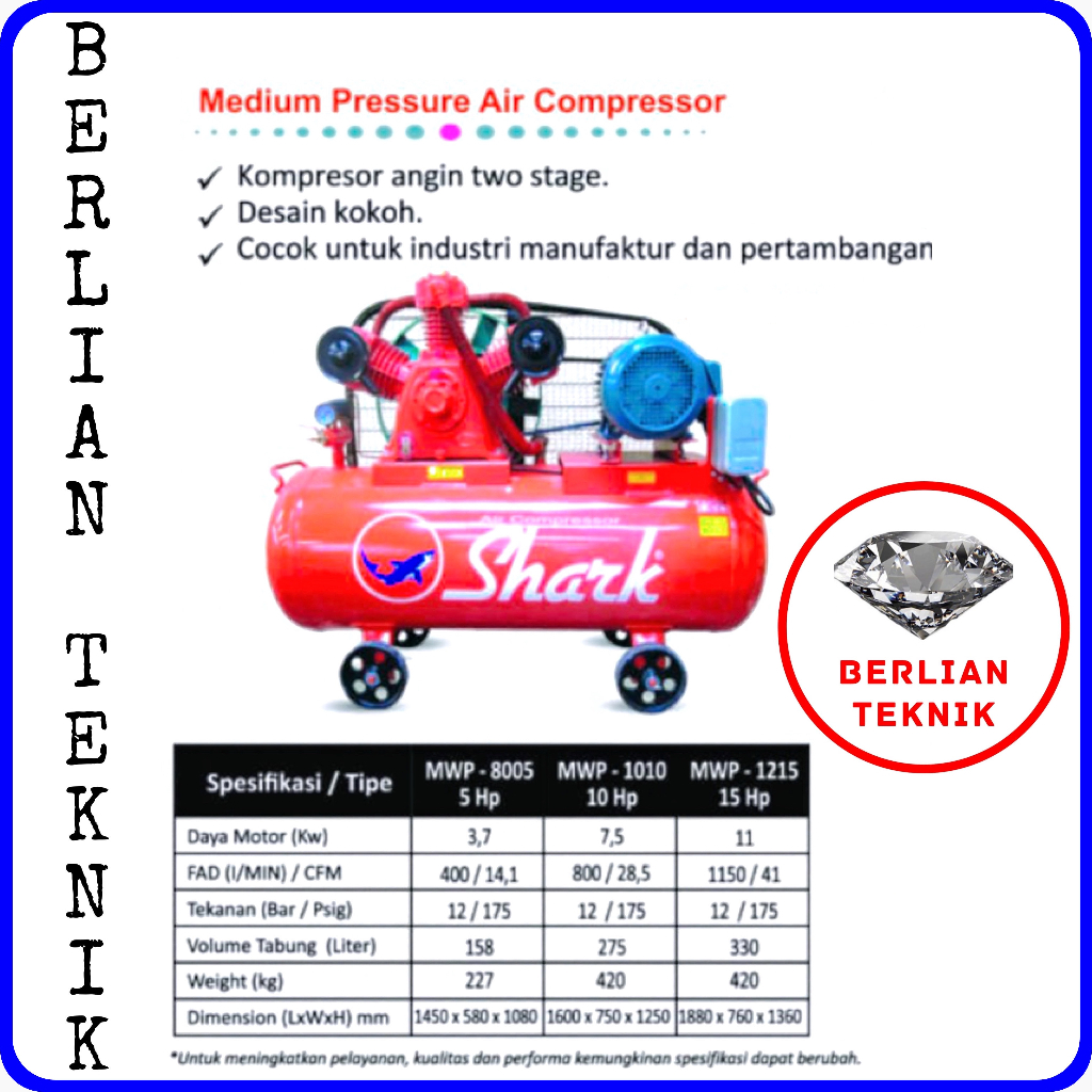 Kompressor Angin Shark 15 HP 12 Bar MWP 1215 Air Compressor Auto