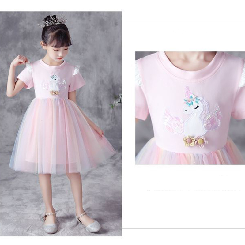 3-10 thn Gadis Unicorn Gaun Kasual Musim Panas Gaun Rainbow Mesh Cute Girl Dress Hadiah Ulang Tahun