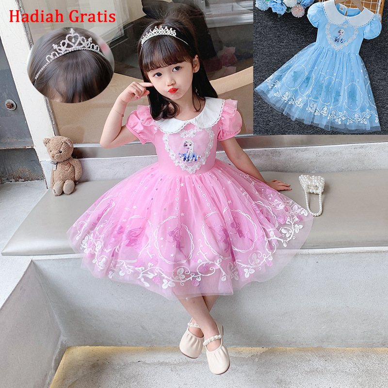 【Gratis Mahkota】Kids Girl Frozen Elsa Putri Gaun Musim Panas Tutu Tulle Bunga Kostum