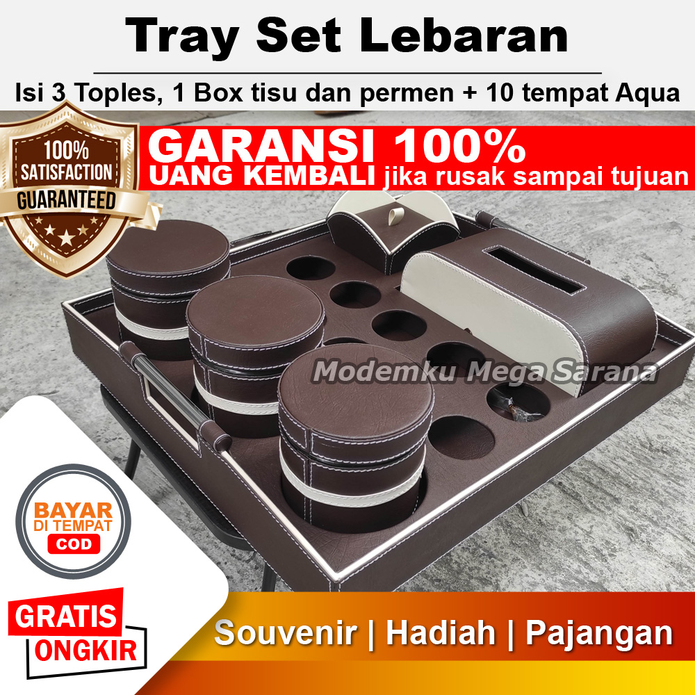 TRAY Set Lebaran Toples Nampan Set 1 Tisu 1 Box Permen 3 Toples 10 Lubang Aqua