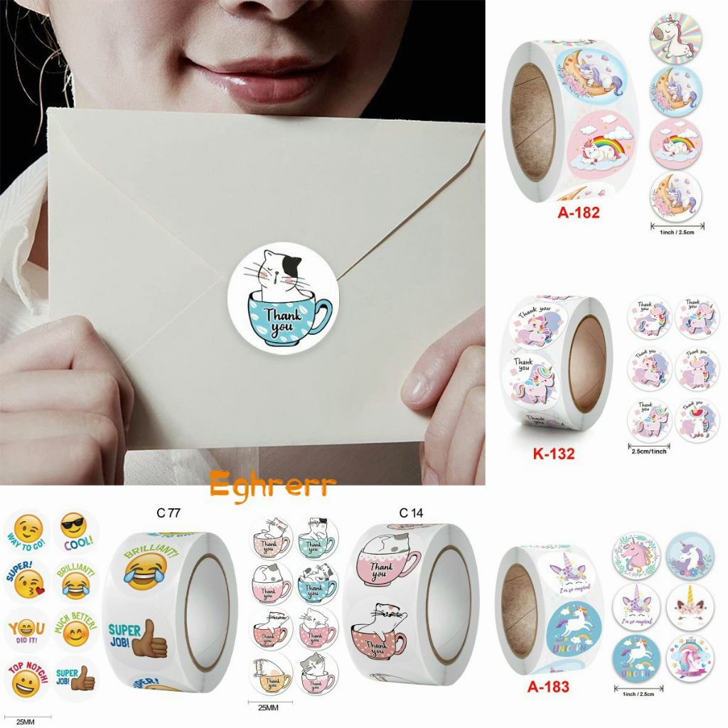 

✨EG-500pcs Roll Stiker Thank You Terima Kasih Bulat Kartun Sanrio Lucu Kucing Unicorn Smiley Hadiah Tag Sticker Jualan Label Dekoratif DIY-Eghrerr