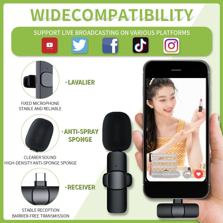 386 Microphone Wireless Mic  Clip On Tanpa Kabel Untuk Vlogger Podcast Live Youtuber