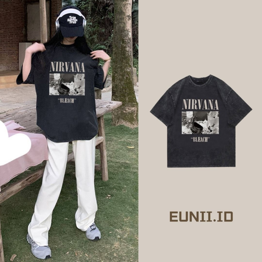 EUNII T-shirt Lengan Pendek Black Washed Retro Hp Hop Boy Printing Korean Style/Kaos Atasan Wanita/Baju Wanita/Kaos Wanita