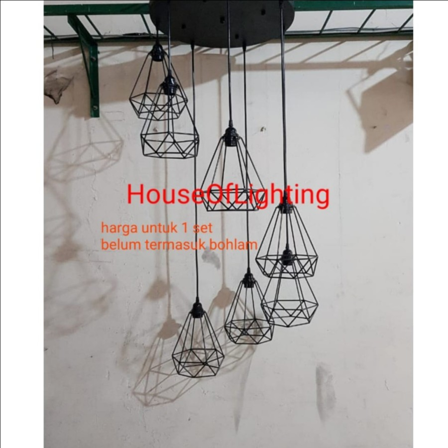 LAMPU GANTUNG HIAS VOID TANGGA RETRO MINIMALIS HITAM DIAMOND CABANG 7 PENDANT LAMP