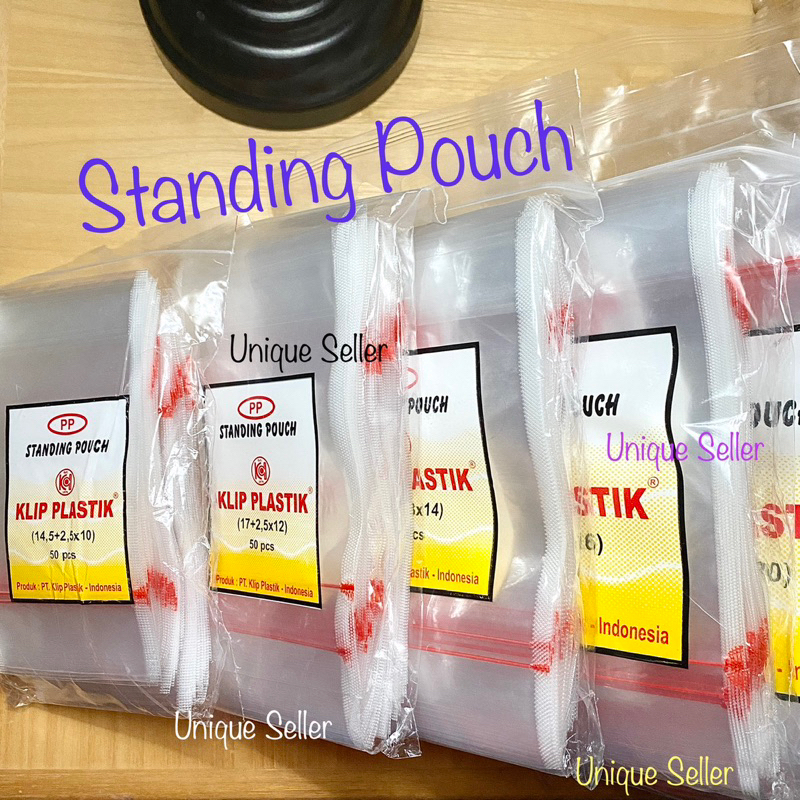 Standing Pouch PP KLIP Uk 10x17 12x19.5 14x20.5 16x22.5 20x27.5 cm isi 50 / Standing Pouch 10x17 12x19,5 14x20,5 16x22,5 20x27,5 cm / Kantong PP Standing Pouch KLIP 10x17cm 12x19.5cm 14x20.5cm 16x22.5cm 20x27.5cm / Kantong Plastik PP Zipper