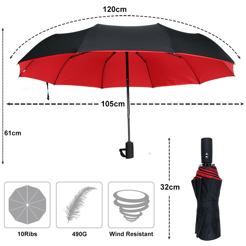 Payung Lipat Windproof Double Layer Umbrella - T1212 - Red