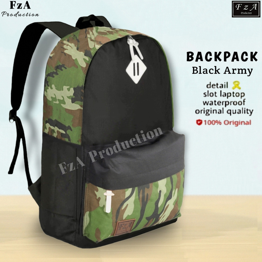 FzA Official - Tas Ransel Gendong Laptop Distro Sekolah Kuliah Pria Wanita Black Murah Original Tas Punggung Laptop - Black Army