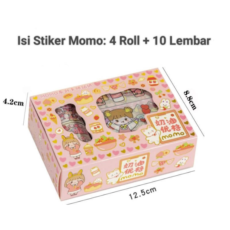 Sticker Momo Set Roll Washitape Isi 4 Roll + 10 Lembar Stiker