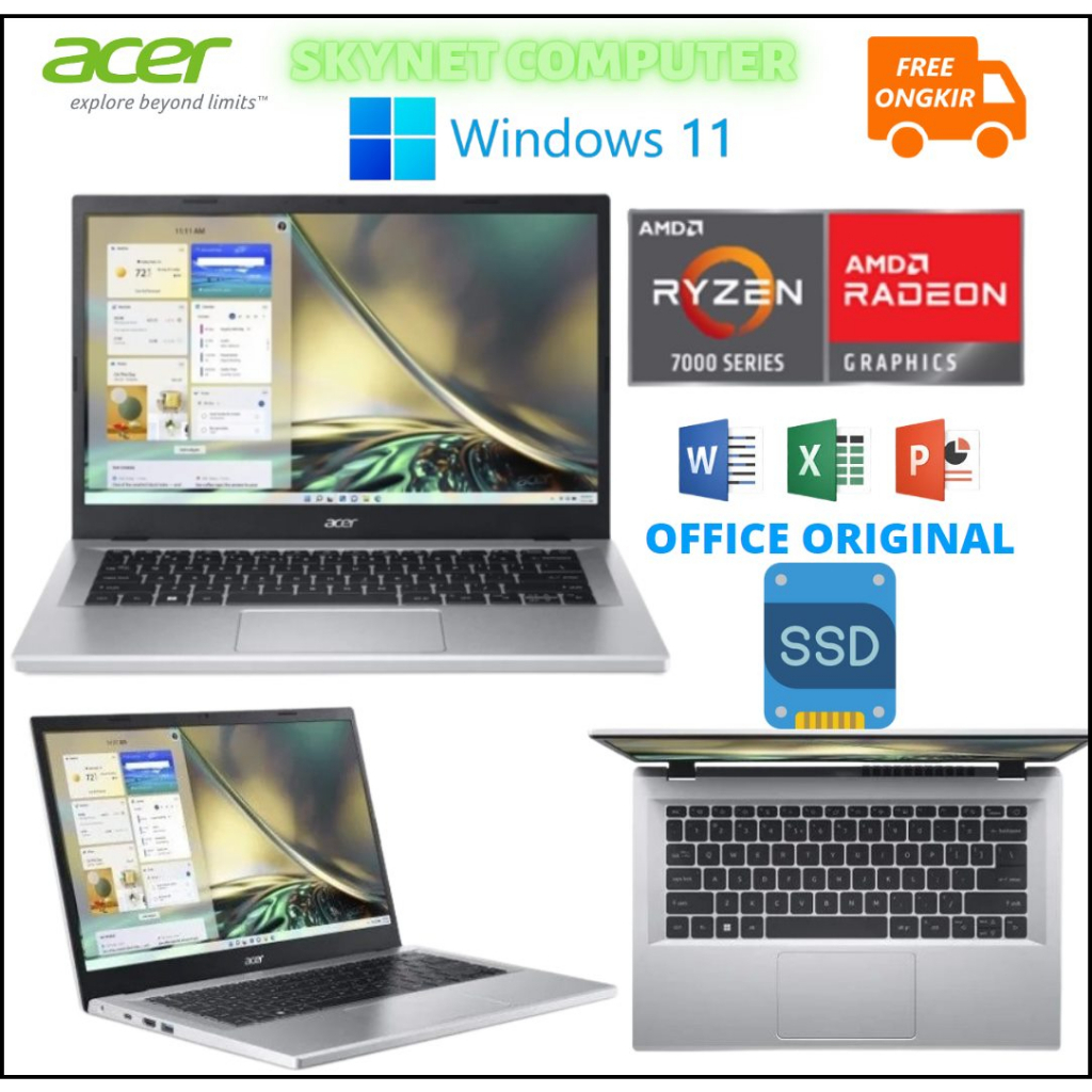 ACER ASPIRE 3 SLIM A314 AMD RYZEN 3 7320U RAM8GB SSD512GB WINDOWS 11 + OHS 2021 ORIGINAL