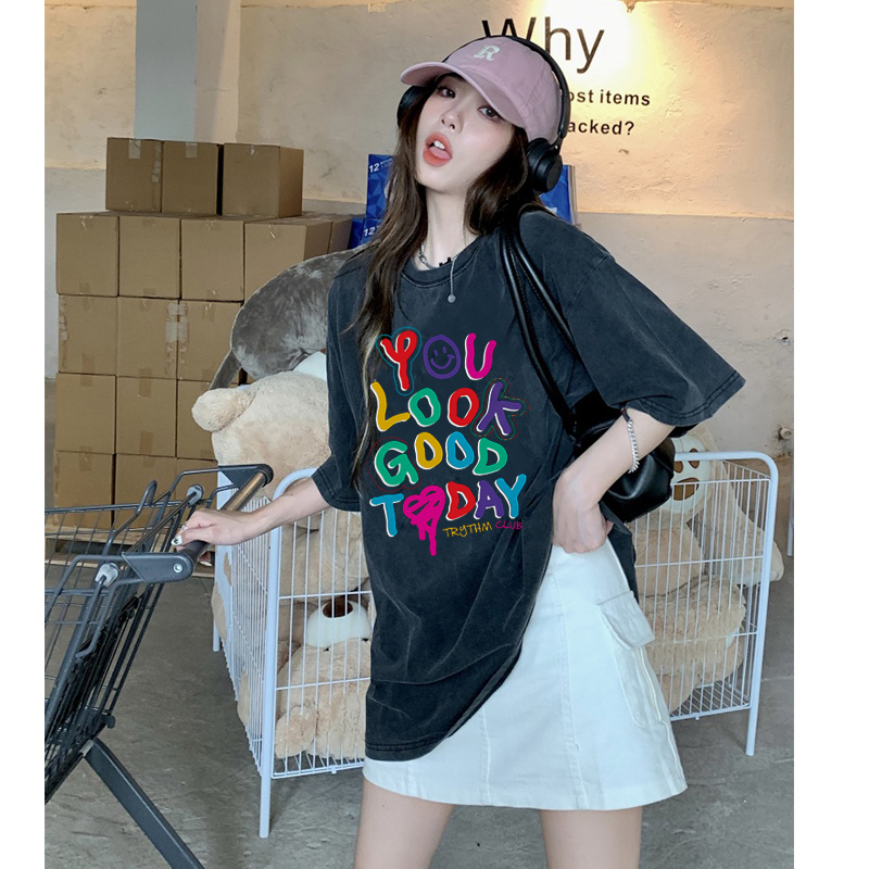 kaos wanita kaos oversize atasan wanita t shirt pria lengan pendek kaos pakaian t shirt Hitam washed baju wanita kaos wanita