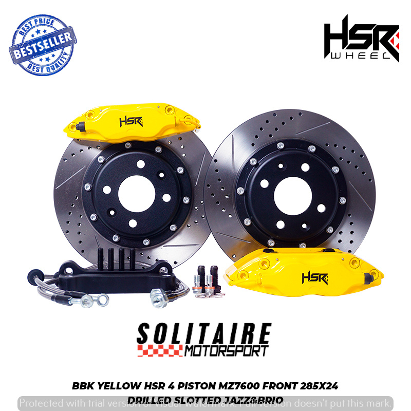 Big Brake Kit mobil honda jazz brio YELLOW HSR 4 PISTON MZ7600 FRONT 285X24 DRILLED SLOTTED | BBK HS