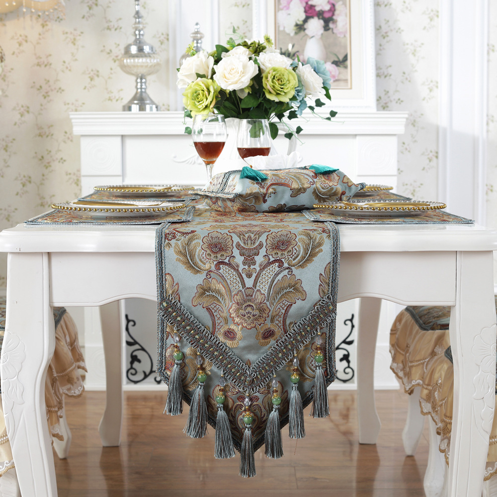 European Table Runner / Taplak Meja Tamu Tebal Bordir Timbul Meja Makan Buffet Premium  Elegant Panjang Tassel Rumbai