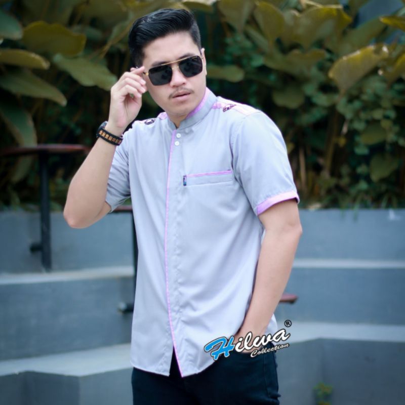 Kemeja Koko Lengan  Pendek Hilwa Collection Motif Maroko Warna Abu Kombinasi Lilac Ukuran S M L XL X