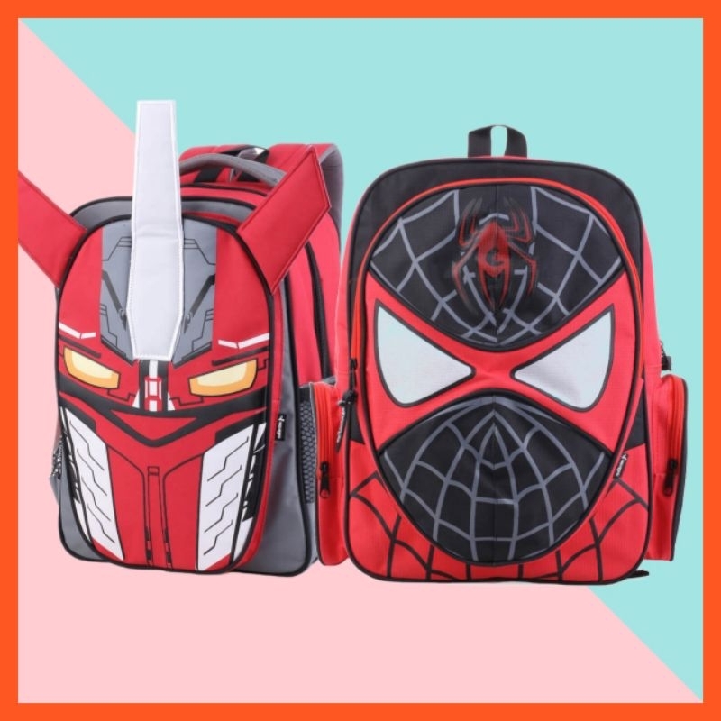 tas sekolah anak laki laki sd tk paud karakter unik transformer spiderman terbaru