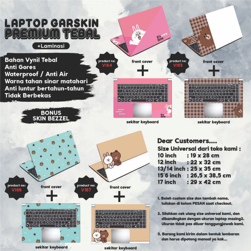 Garskin Laptop Anti Gores Beruang Kartun Lucu Premium Full set 10 12 13 14 15 inch  Universal Untuk Semua Merk Laptop