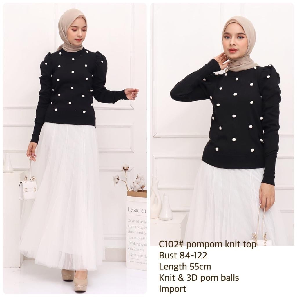 Pompom Knit Top Blouse Rajut Wanita model Pompom HOPYLOVY