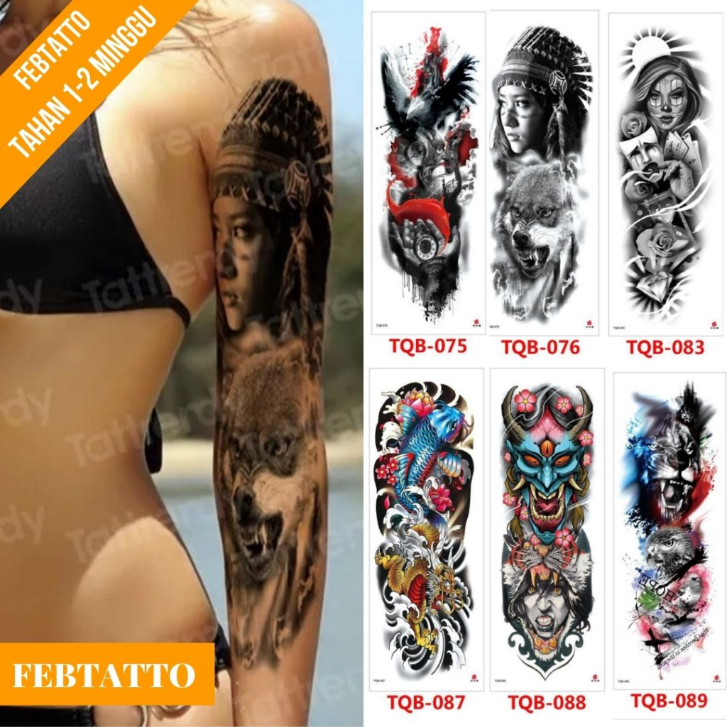 Tato Temporer Ukuran 17cmx48cm Motif Aesthetic Tatto Temporary Stiker Tato Halal Grosir Tato air motif burung garuda, perempuan serigala, perempuan poker, ikan, tengkotak, macan TQB 076