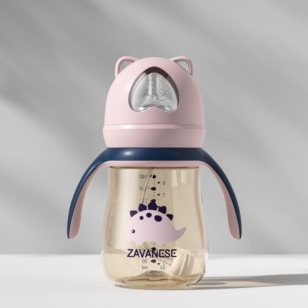 *COD* Botol Minum Bayi Zavanese 2in1& 3in 1 Dot dan Sedotan 240 & 300 ml Training Cup Karakter BPA Free-BOTOL 3IN1 PINK