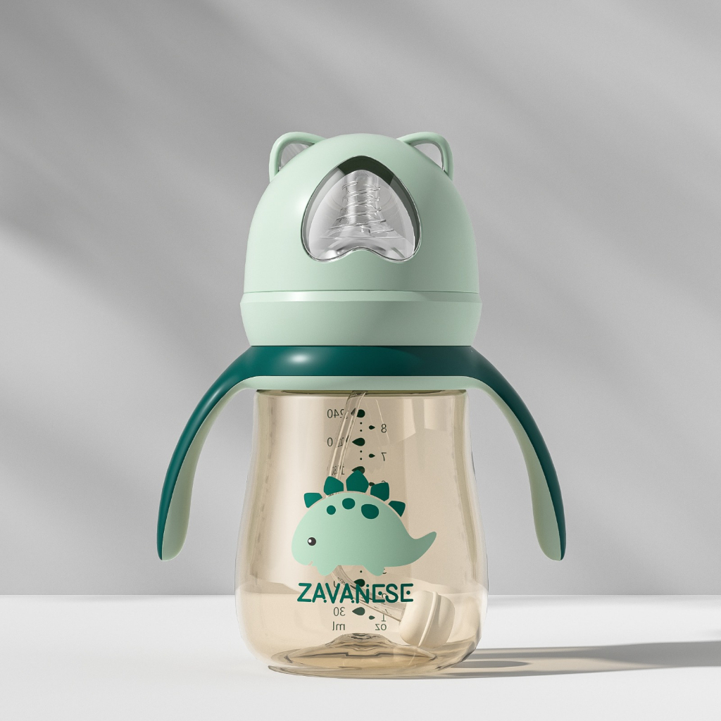 *COD* Botol Minum Bayi Zavanese 2in1& 3in 1 Dot dan Sedotan 240 & 300 ml Training Cup Karakter BPA Free-BOTOL 3IN1 HIJAU