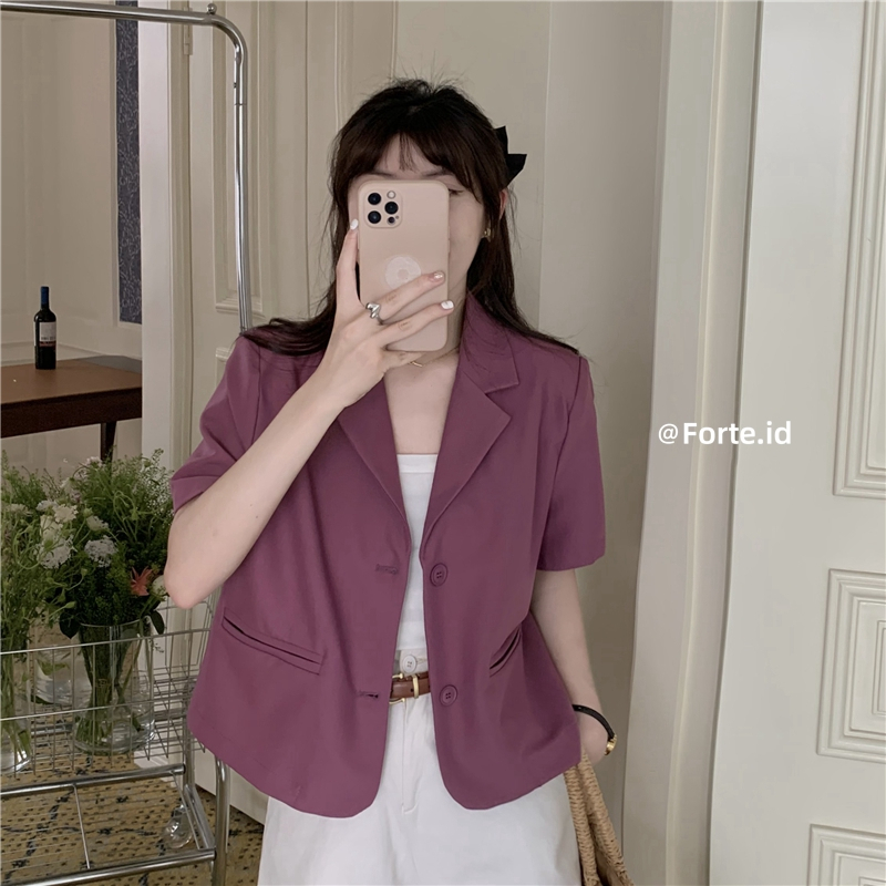 Blazer Crop Wanita Korean Style Blezer Lengan Pendek Hitam Outer Polos