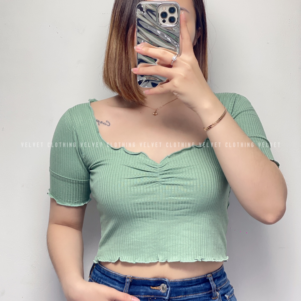 Crop Top Neci Squareneck Rib / Crop Top Polos Neci Wanita / Crop Lengan Pendek Knit Wanita 4166