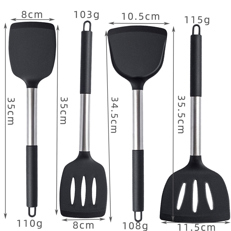 Spatula Sendok sodet Sutil penggorengan Stainless Steel Silicone Handle teflon wajan cekung goreng anti legket hitam kualitas premium tebal
