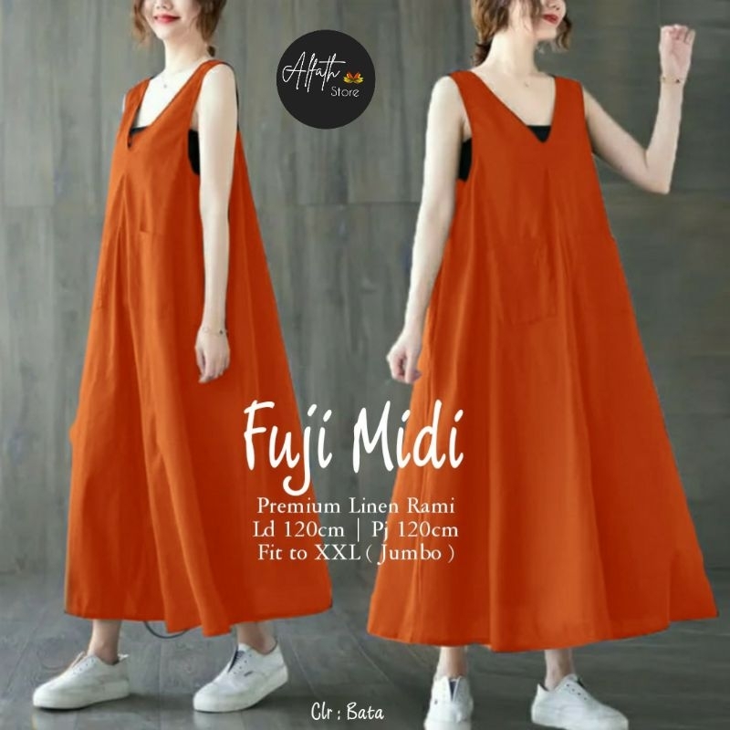 overall polos jumbo terbaru, Fuji midi, dress midi linen rami, dress polos, dress jumbo
