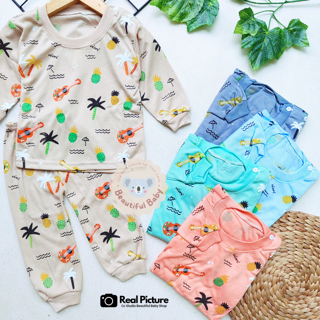 Setelan Piyama Baju Bayi Panjang Motif Gitar / Baju Tidur Bayi Lengan Panjang Celana Panjang / Kaos Oblong Bayi &amp; Anak Kancing Pundak / Baby.ou