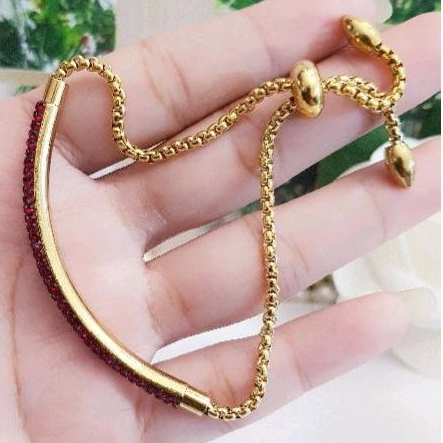 Gelang Serut Titanium Gold Permata Merah Cantik Awet Anti Karat 1104a2