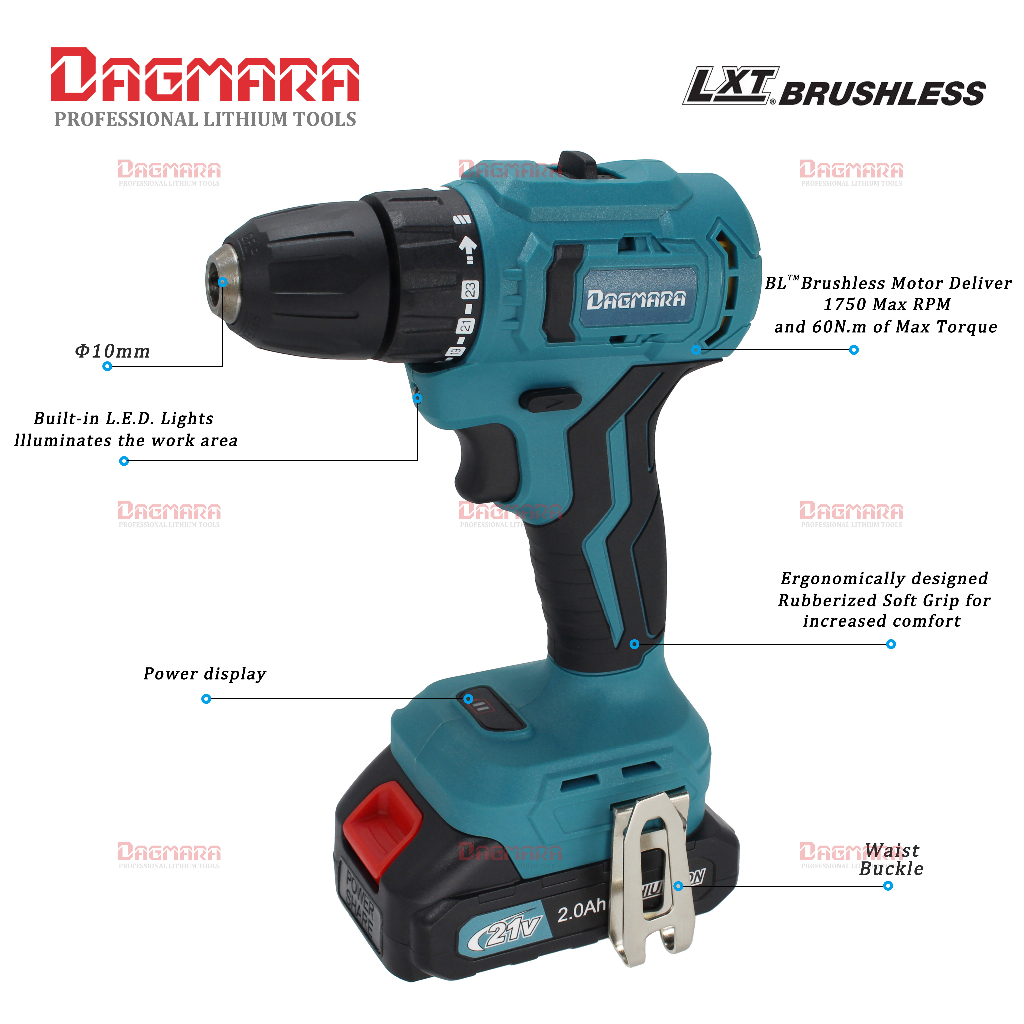 Dagmara 21V Brushless Cordless Screwdriver Drill with 10mm Drilling diameter Li-Ion Cordless Drill