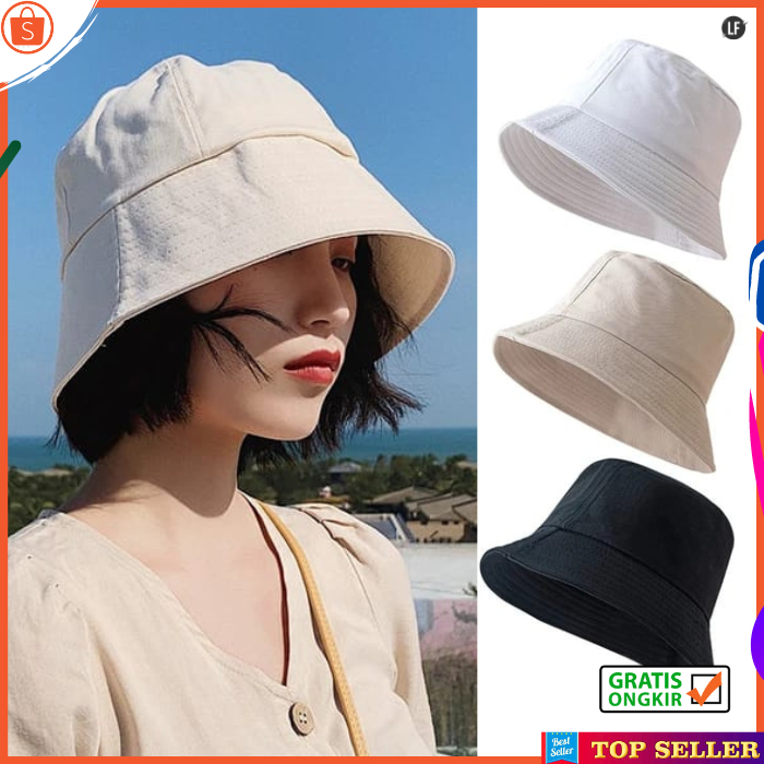 TOPI PANTAI WANITA DEWASA KOREA BUCKET POLOS LEBAR CAP PEREMPUAN TERBARU KEKINIAN W14