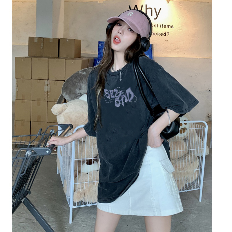 Kaos Vintage Hitam Atasan Wanita Lengan Pendek Oversize Printed T-shirt Baju Wanita Kekinian Korean Style/kaos pendek jumbo