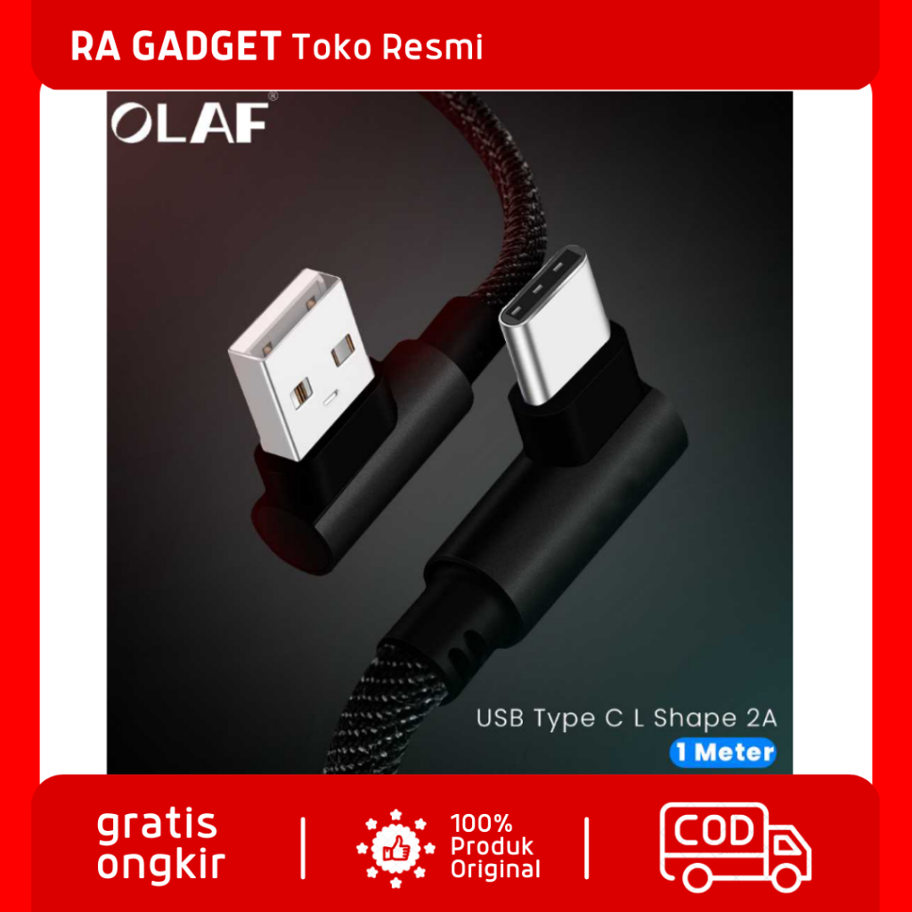 Kabel Charger USB Type C L Shape 2.4A 1 Meter Fast Charging / Kabel Data Pengisi Daya Cas Casan Char