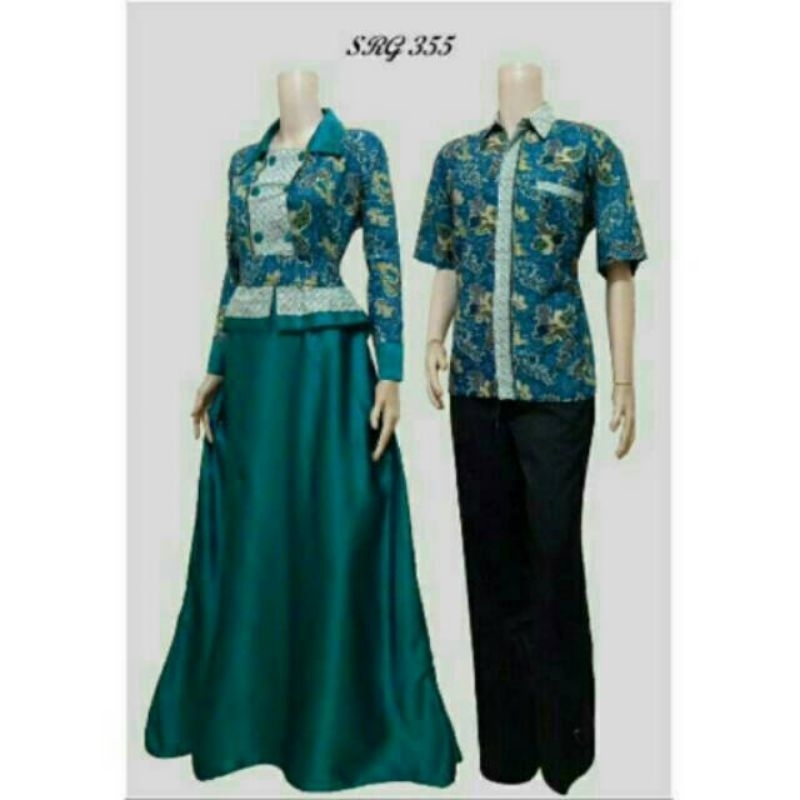 Set Couple Gamis dan Kemeja Batik satin velvet warna hijau botol