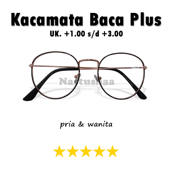 Kacamata Full Plus (+) Uk. +1.00 s.d +3.00 Kacamata Rabun Dekat Frame Oval Hitam Gold Besi Untuk Pria/Wanita FREECASE