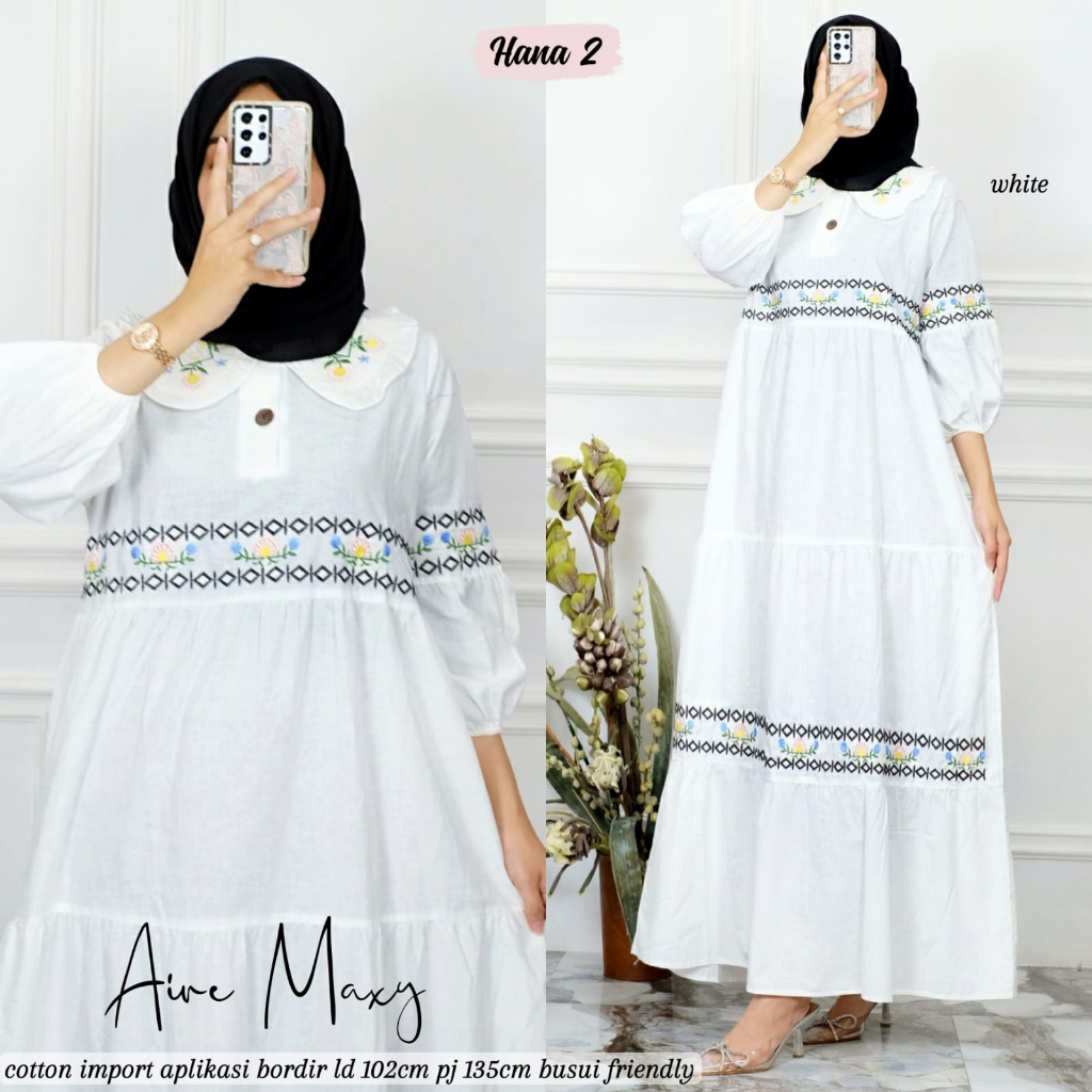 AIRE MAXY DRESS BY HANA2 BAHAN COTTON IMPORT APLIKASI BORDIR MOTIF BUNGA BUSUI CASUAL