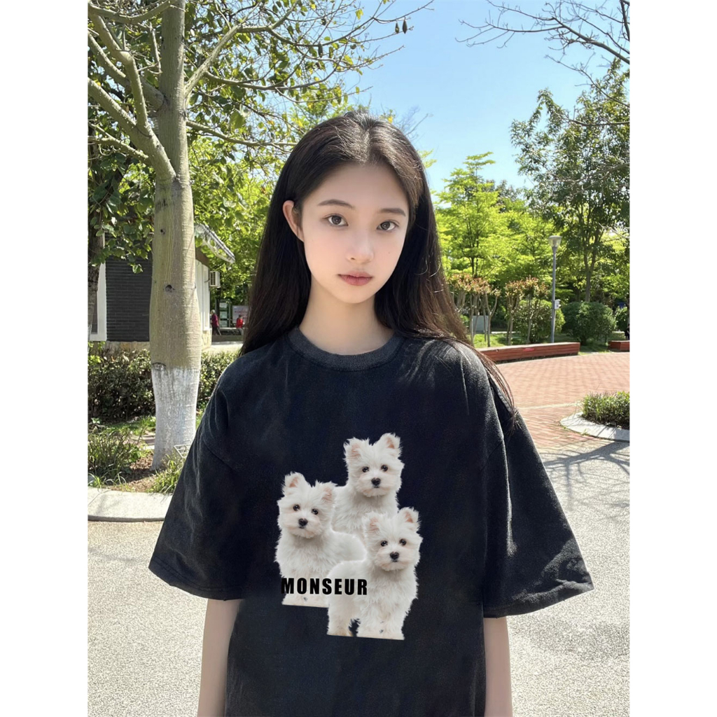 EUNII T-shirt Lengan Pendek Black Washed Cute Dog Family Printing Korean Style/Kaos Atasan Wanita/Baju Wanita/Kaos Wanita