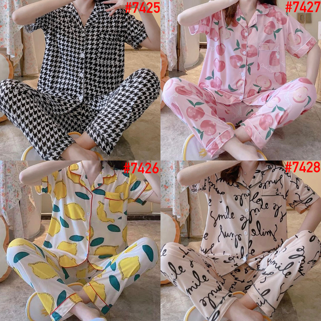 Piyama Baju Tidur Wanita Import Fashion Karakter CP Kerah Kemeja Lengan Pendek Celana Panjang