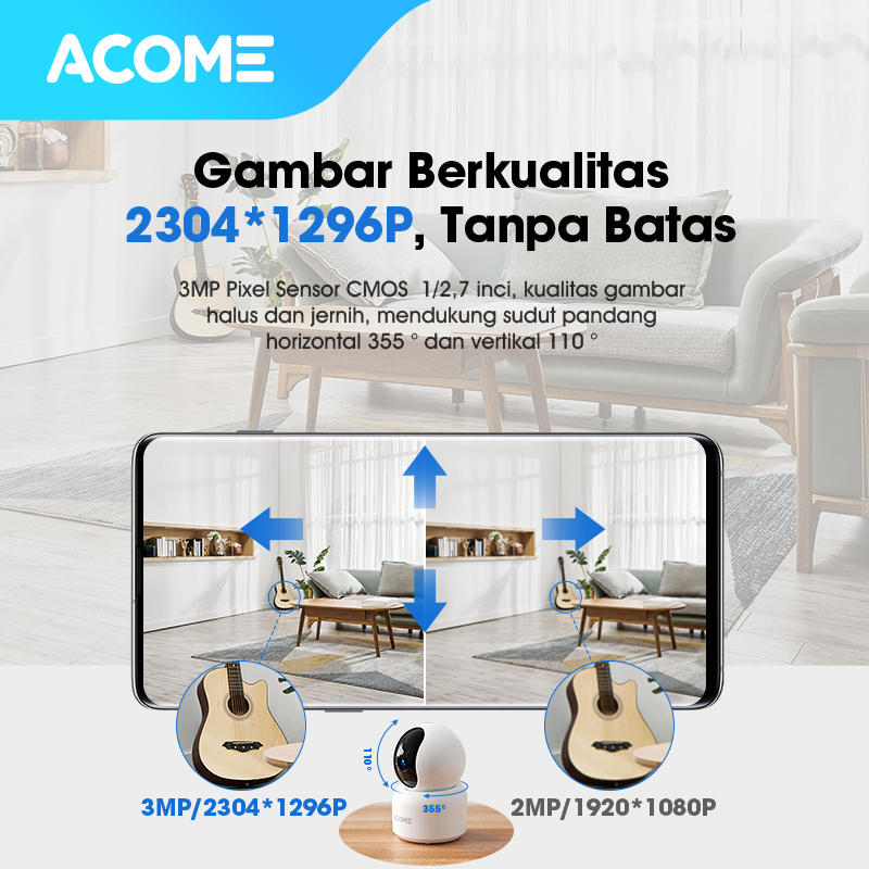 ACOME Smart Camera CCTV WiFi Indoor Camera Audio FULL HD 1296P 3MP Kamera No Blind Spot 2 Arah Garansi Resmi APC01