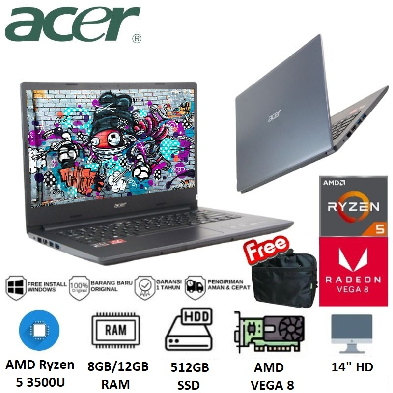 ACER ASPIRE SLIM 3 A314-22-R7EC AMD Ryzen 5-3500U RAM 12GB SSD 512GB VEGA 8 14" - HITAM
